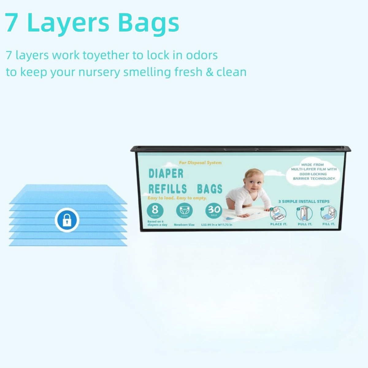 Diaper Pail Refills Bags with 30 Bags Compatible with Genie Easy Roll Signature and Platinum Diaper Pails, 7-Layer Odor-Barrier Technology-6 Packs