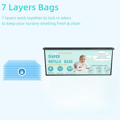Diaper Pail Refills Bags with 30 Bags Compatible with Genie Easy Roll Signature and Platinum Diaper Pails, 7-Layer Odor-Barrier Technology-6 Packs