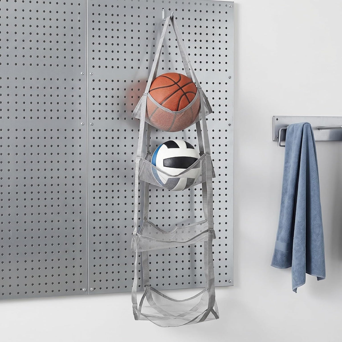 Over Door Sport Ball Storage Organizer - 4-Tier Wall Hanging Mesh Pocket Bag - Sports Equipment Pocket Holder Rack for Basketball, Football, Garage Ball Storage