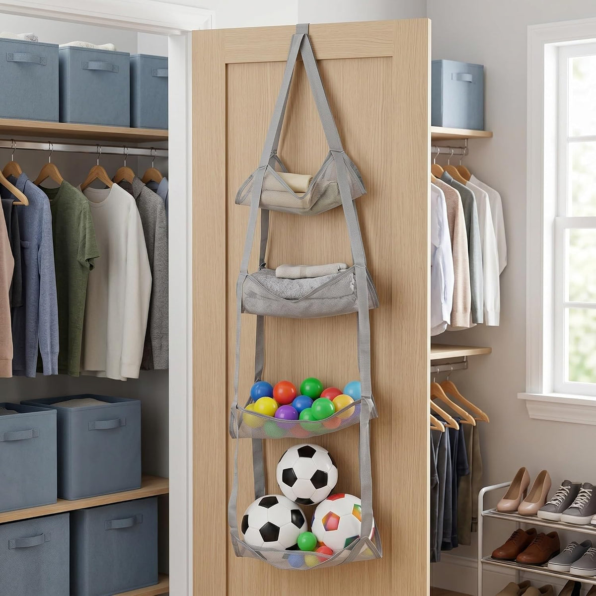 Over Door Sport Ball Storage Organizer - 4-Tier Wall Hanging Mesh Pocket Bag - Sports Equipment Pocket Holder Rack for Basketball, Football, Garage Ball Storage