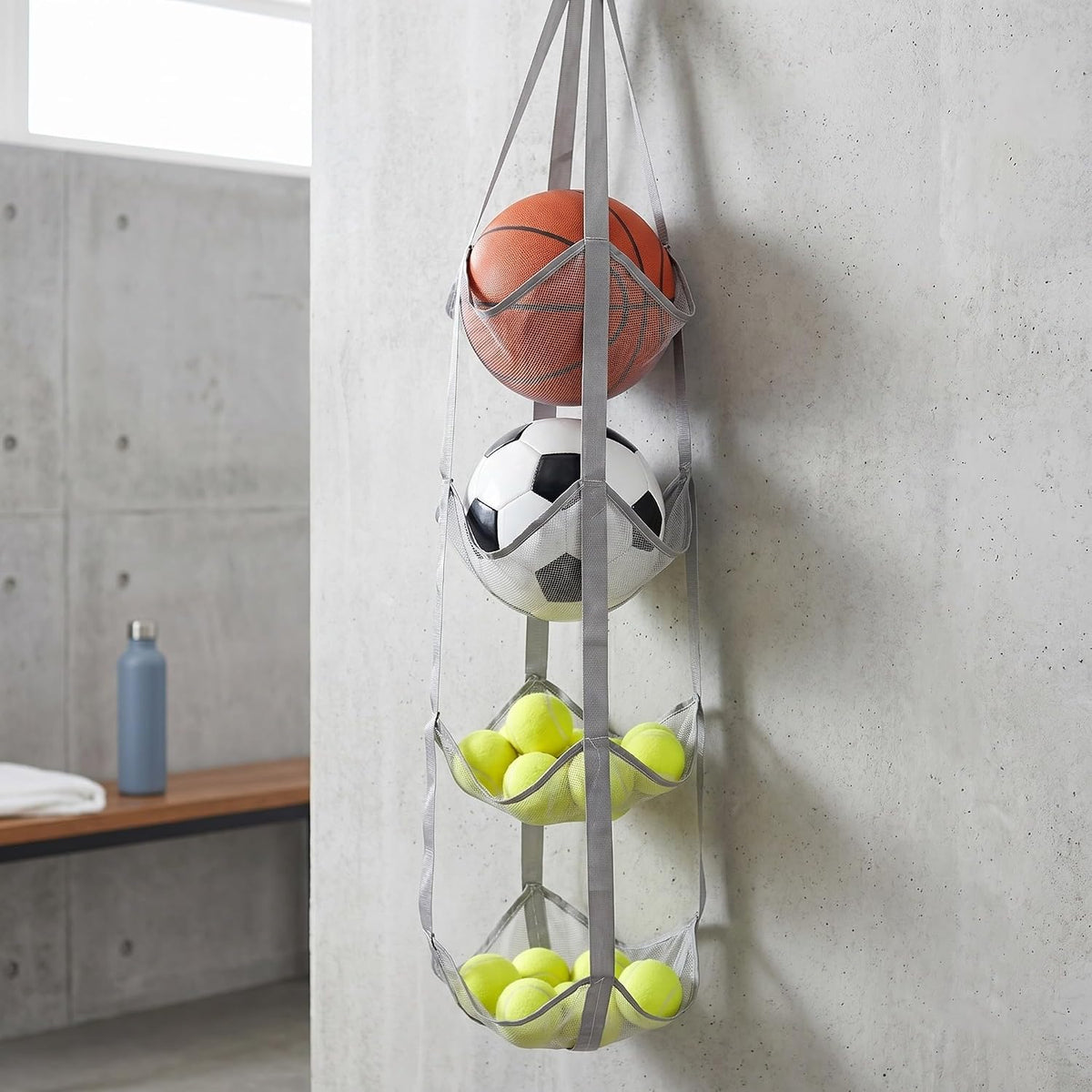 Over Door Sport Ball Storage Organizer - 4-Tier Wall Hanging Mesh Pocket Bag - Sports Equipment Pocket Holder Rack for Basketball, Football, Garage Ball Storage
