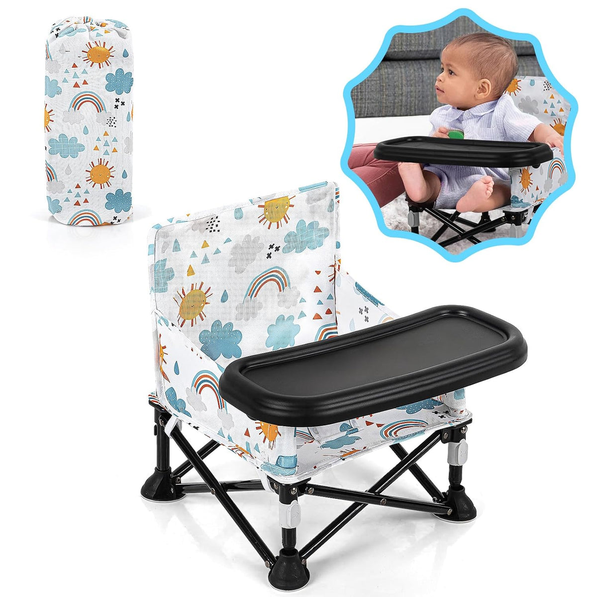 Baby Booster Seat for Kitchen Chairs with Tray, Portable & Foldable