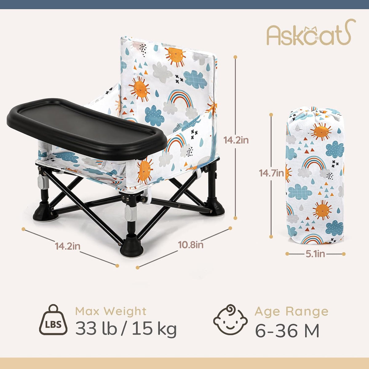 Baby Booster Seat for Kitchen Chairs with Tray, Portable & Foldable