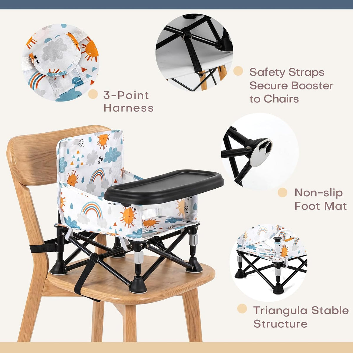 Baby Booster Seat for Kitchen Chairs with Tray, Portable & Foldable