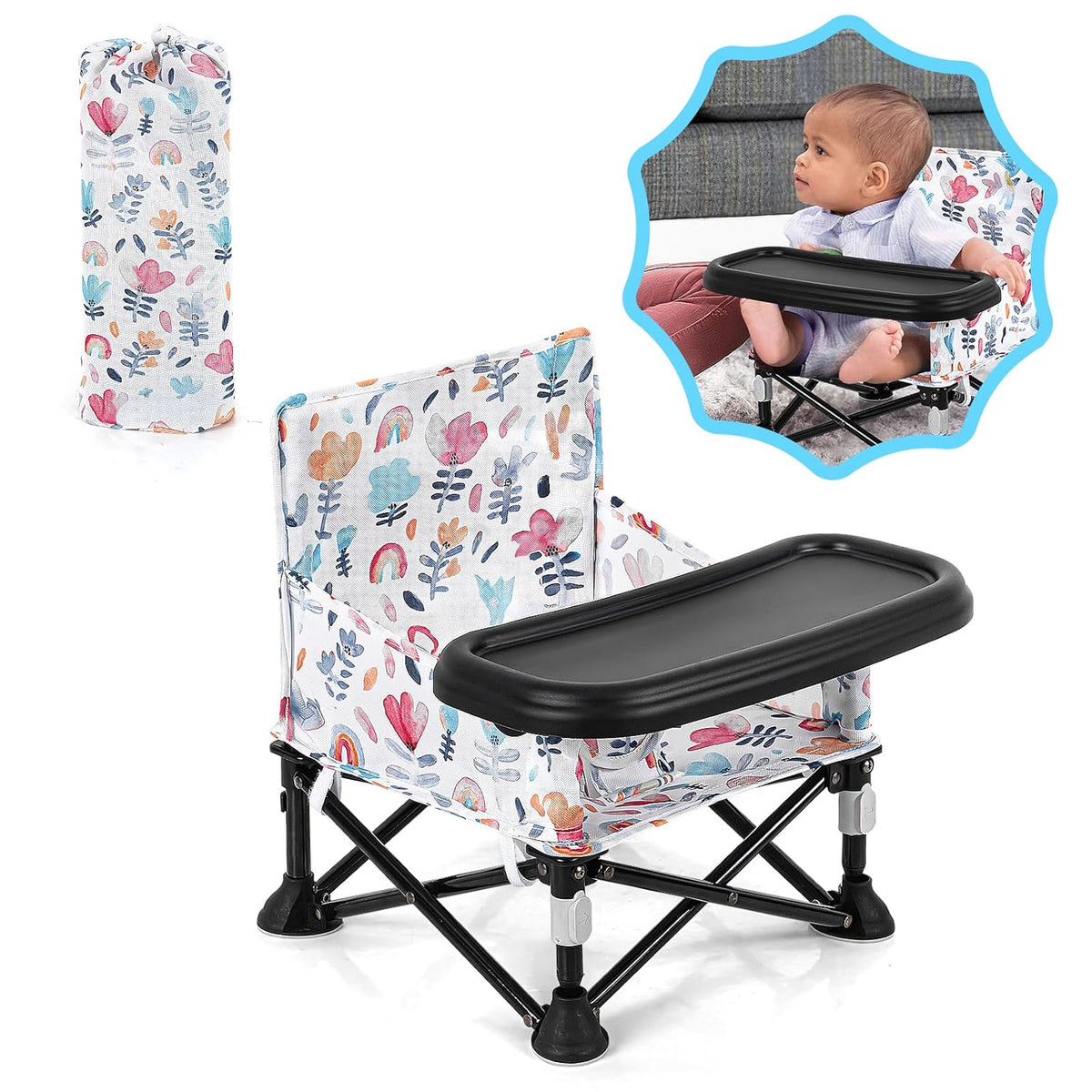 Baby Booster Seat for Kitchen Chairs with Tray, Portable & Foldable