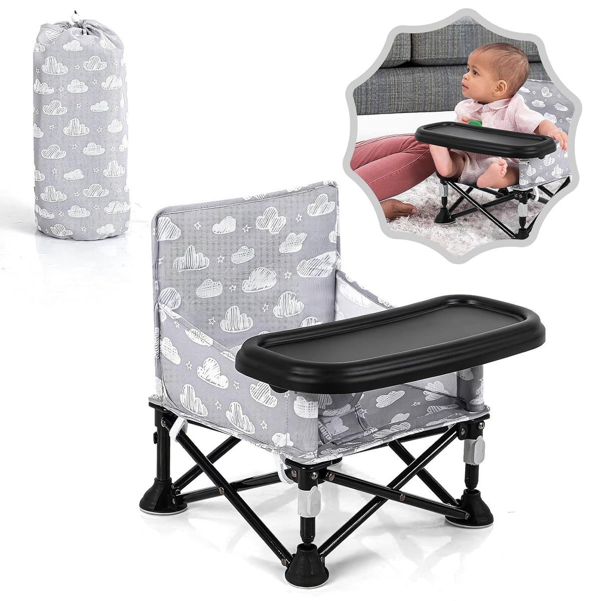 Baby Booster Seat for Kitchen Chairs with Tray, Portable & Foldable