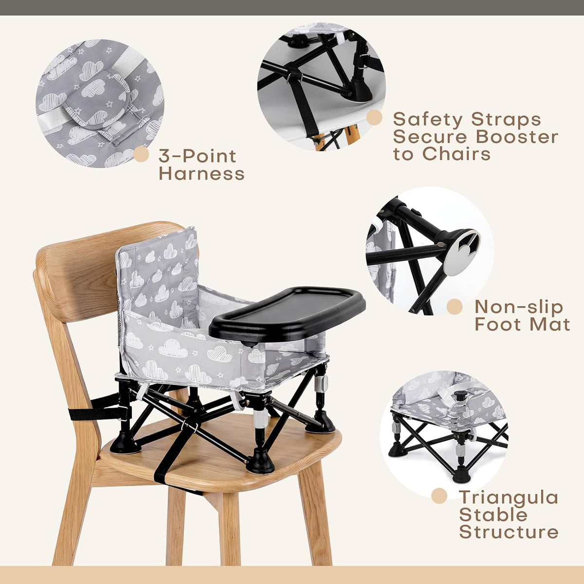 Baby Booster Seat for Kitchen Chairs with Tray, Portable & Foldable