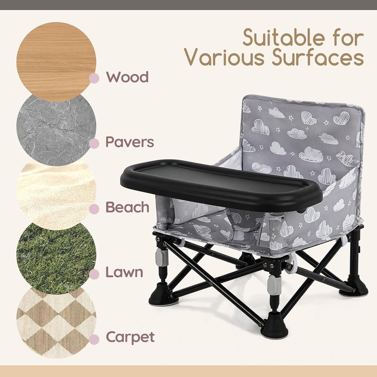 Baby Booster Seat for Kitchen Chairs with Tray, Portable & Foldable