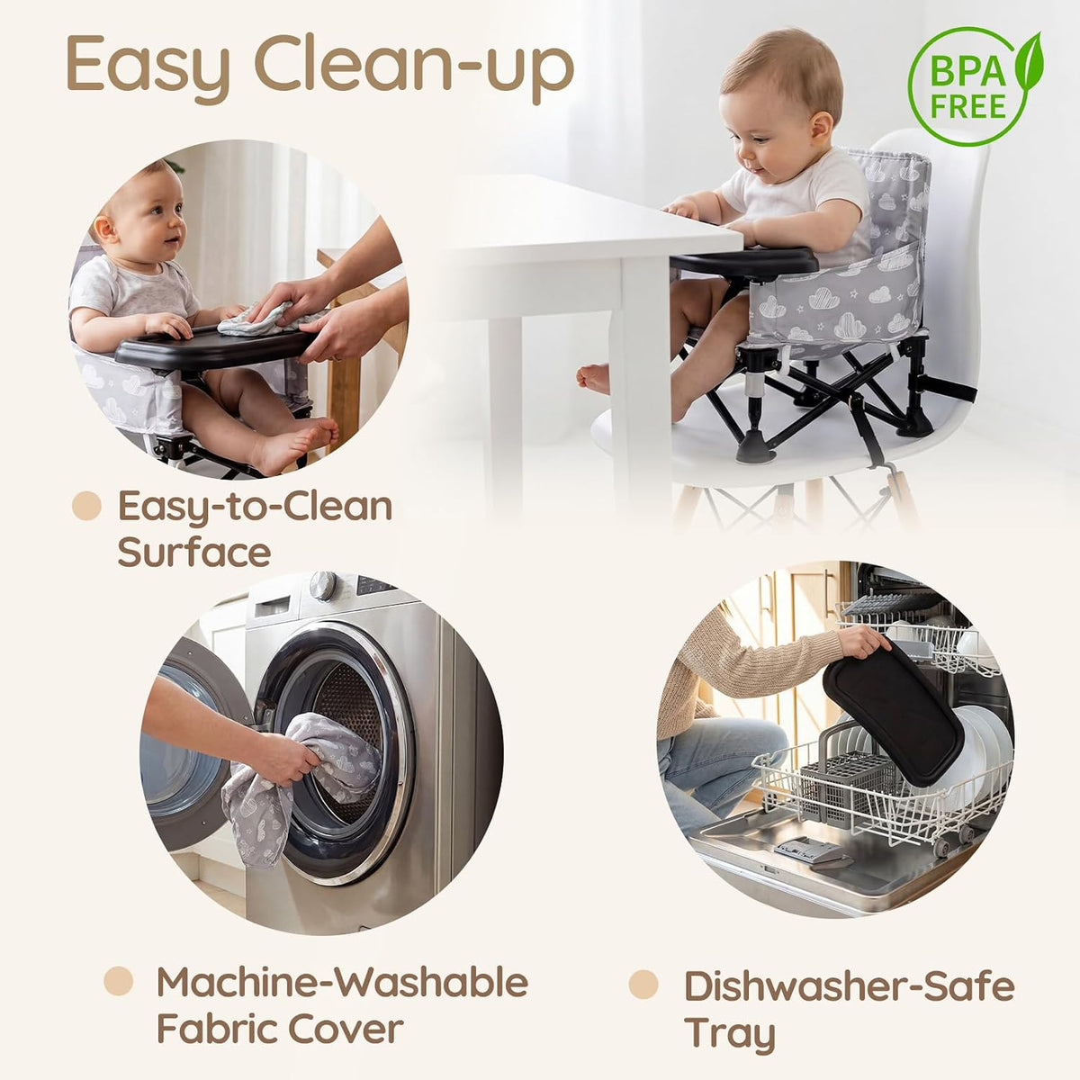 Baby Booster Seat for Kitchen Chairs with Tray, Portable & Foldable