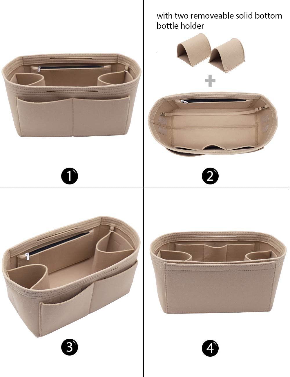 Felt Purse Organizer Insert Zipper Pocket with Two Removeable Bottle Holder