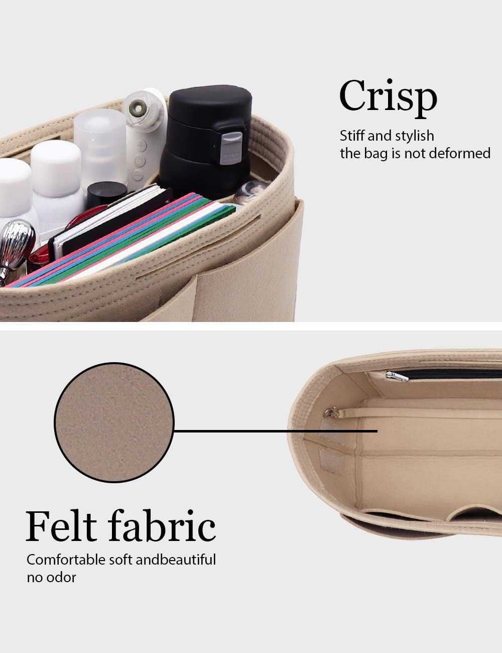Felt Purse Organizer Insert Zipper Pocket with Two Removeable Bottle Holder