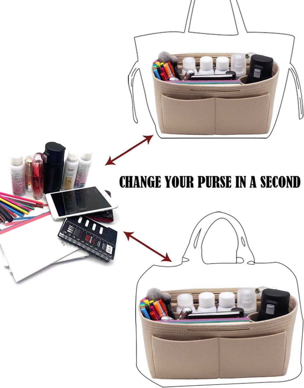 Felt Purse Organizer Insert Zipper Pocket with Two Removeable Bottle Holder