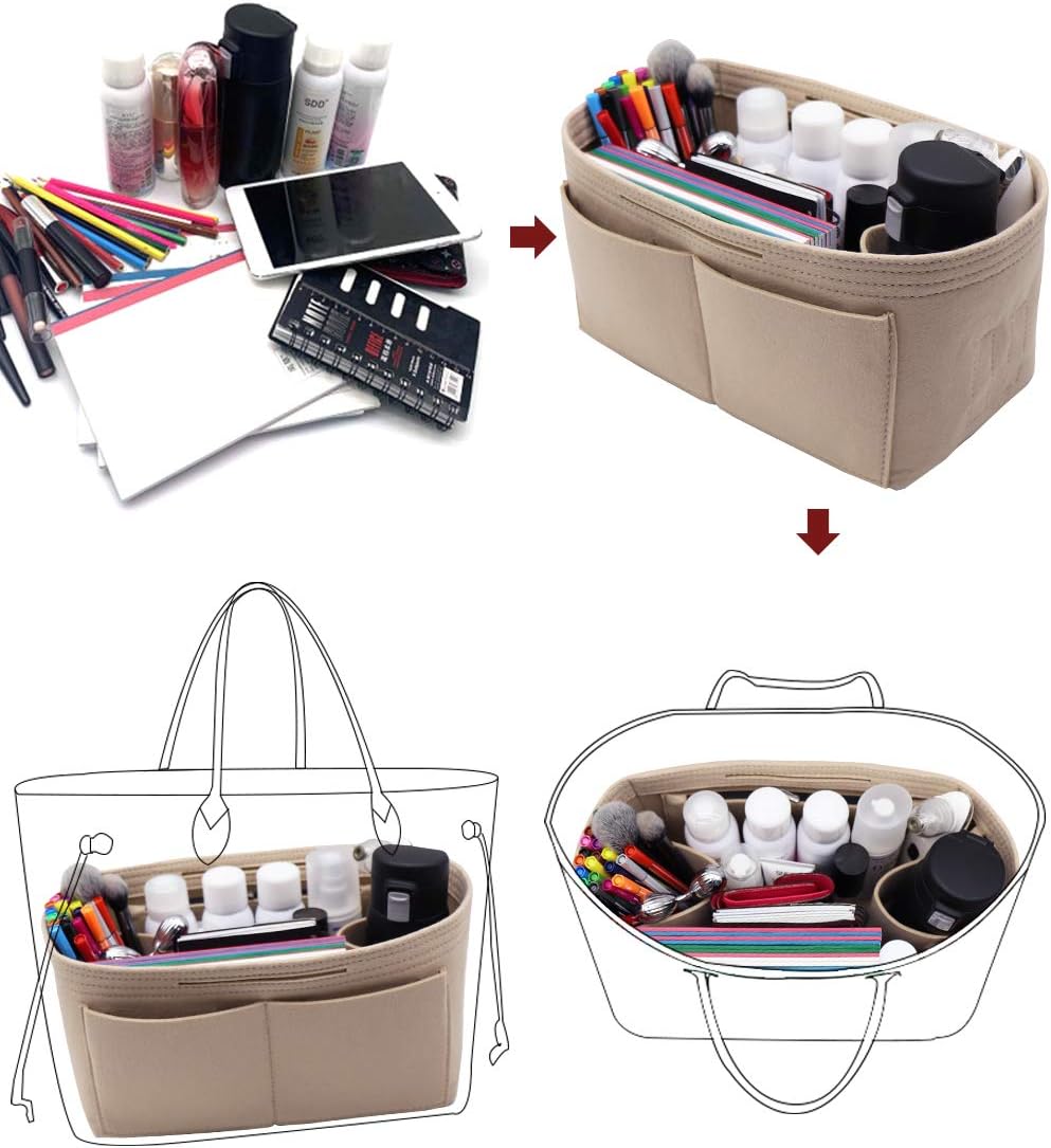 Felt Purse Organizer Insert Zipper Pocket with Two Removeable Bottle Holder