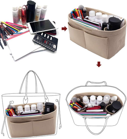 Felt Purse Organizer Insert Zipper Pocket with Two Removeable Bottle Holder