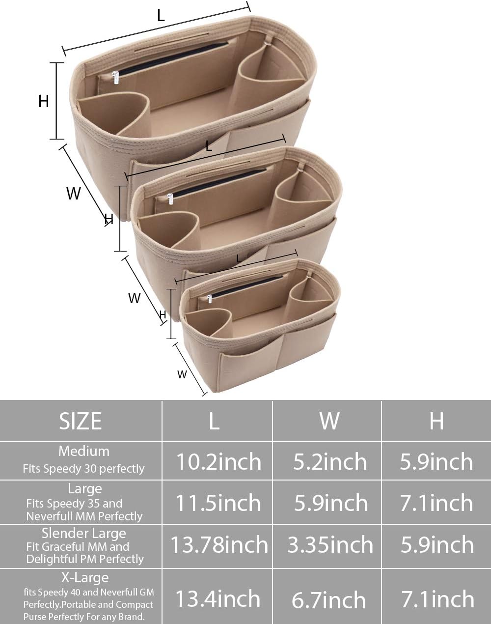 Felt Purse Organizer Insert Zipper Pocket with Two Removeable Bottle Holder