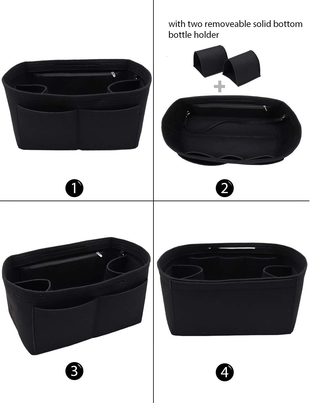 Felt Purse Organizer Insert Zipper Pocket with Two Removeable Bottle Holder