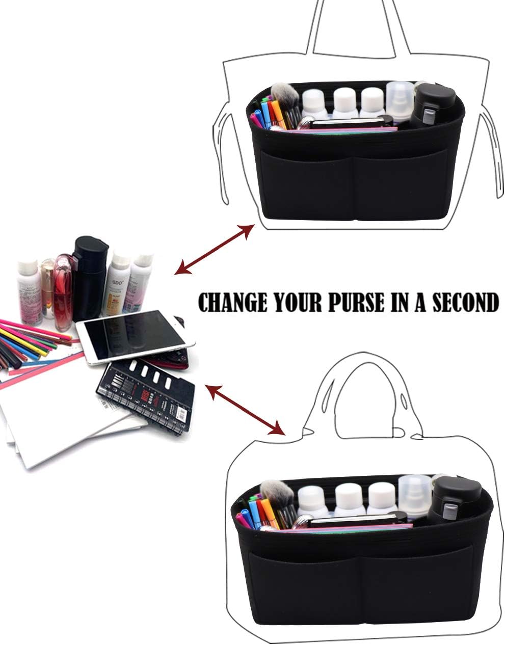 Felt Purse Organizer Insert Zipper Pocket with Two Removeable Bottle Holder