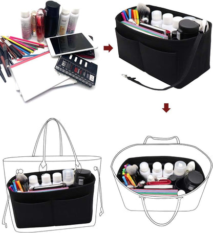 Felt Purse Organizer Insert Zipper Pocket with Two Removeable Bottle Holder