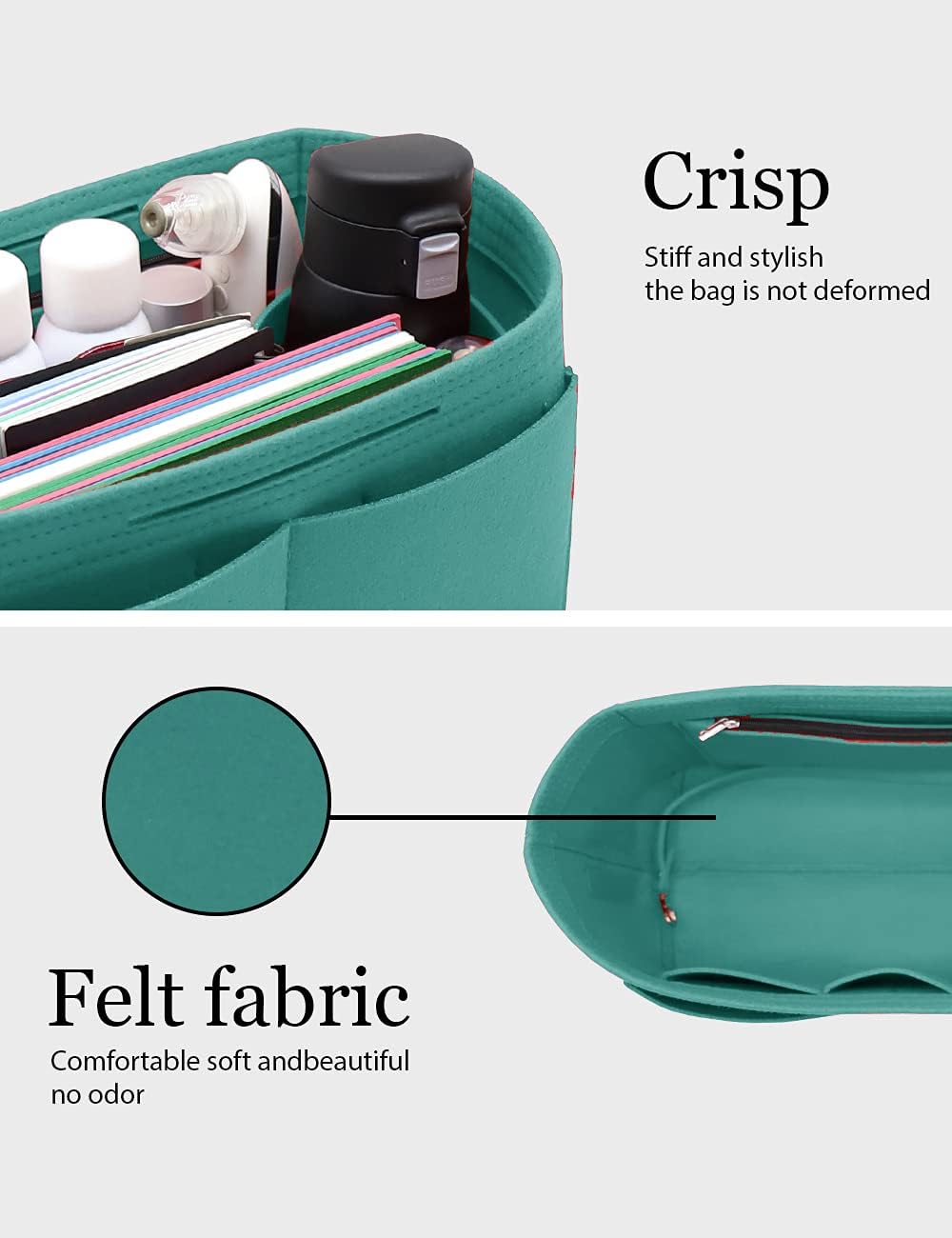 Felt Purse Organizer Insert Zipper Pocket with Two Removeable Bottle Holder