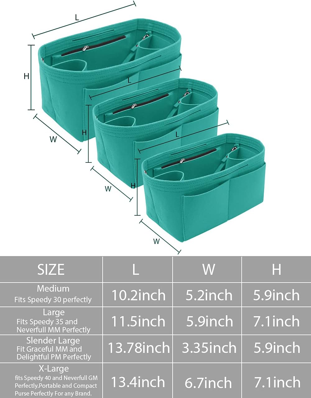 Felt Purse Organizer Insert Zipper Pocket with Two Removeable Bottle Holder