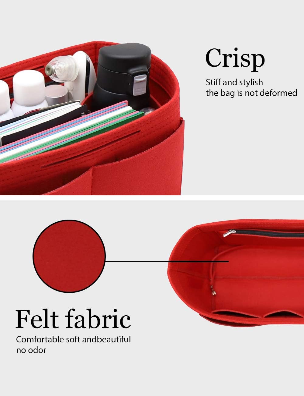 Felt Purse Organizer Insert Zipper Pocket with Two Removeable Bottle Holder