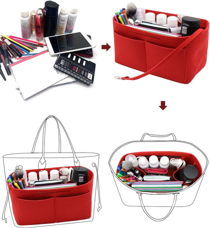 Felt Purse Organizer Insert Zipper Pocket with Two Removeable Bottle Holder