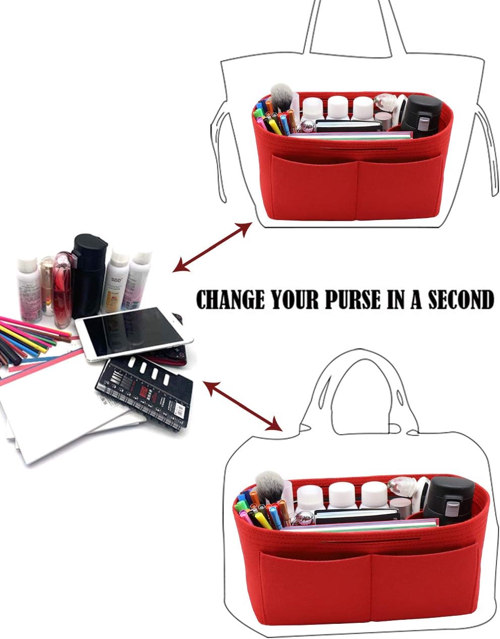 Felt Purse Organizer Insert Zipper Pocket with Two Removeable Bottle Holder