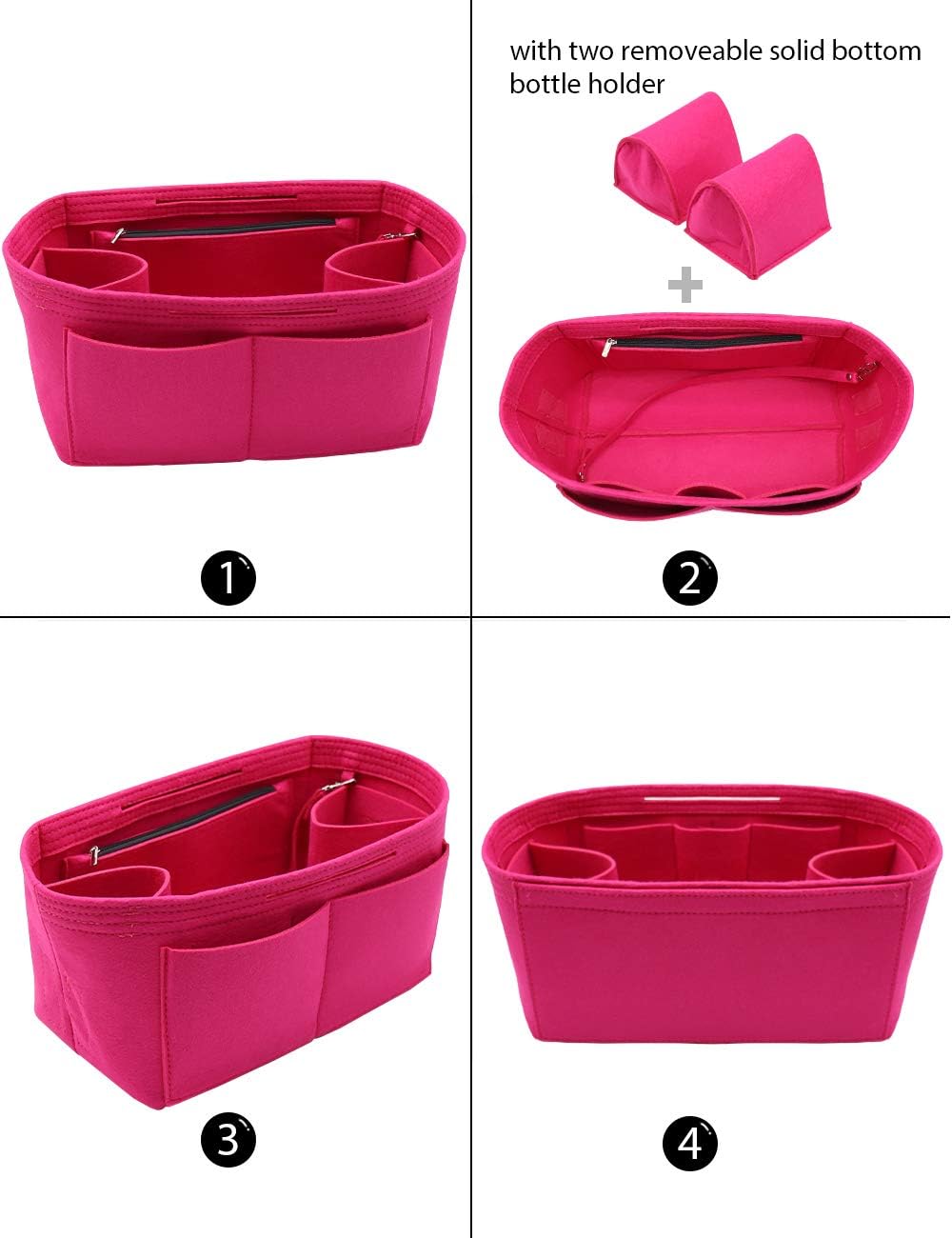 Felt Purse Organizer Insert Zipper Pocket with Two Removeable Bottle Holder