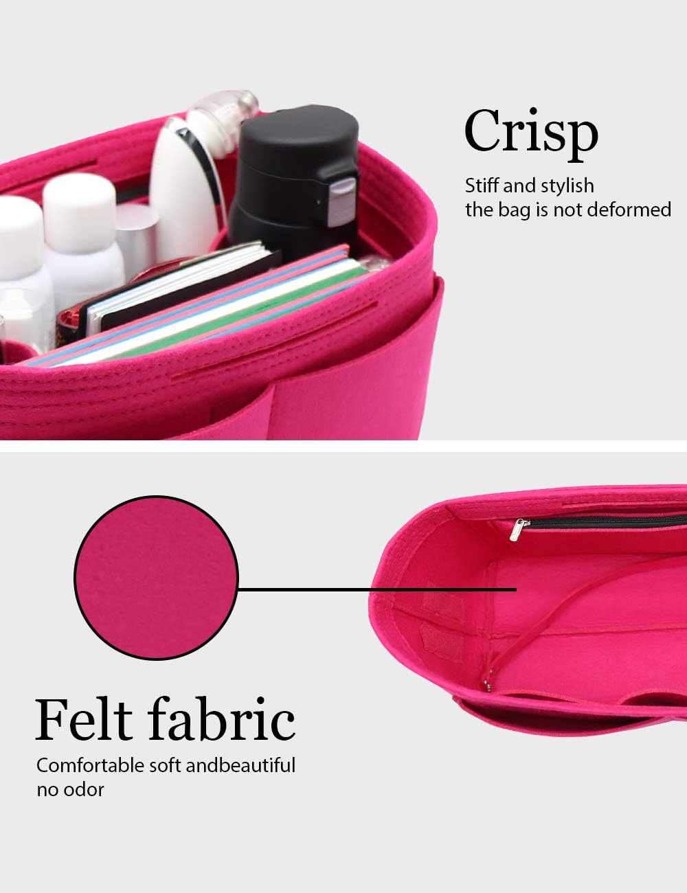 Felt Purse Organizer Insert Zipper Pocket with Two Removeable Bottle Holder