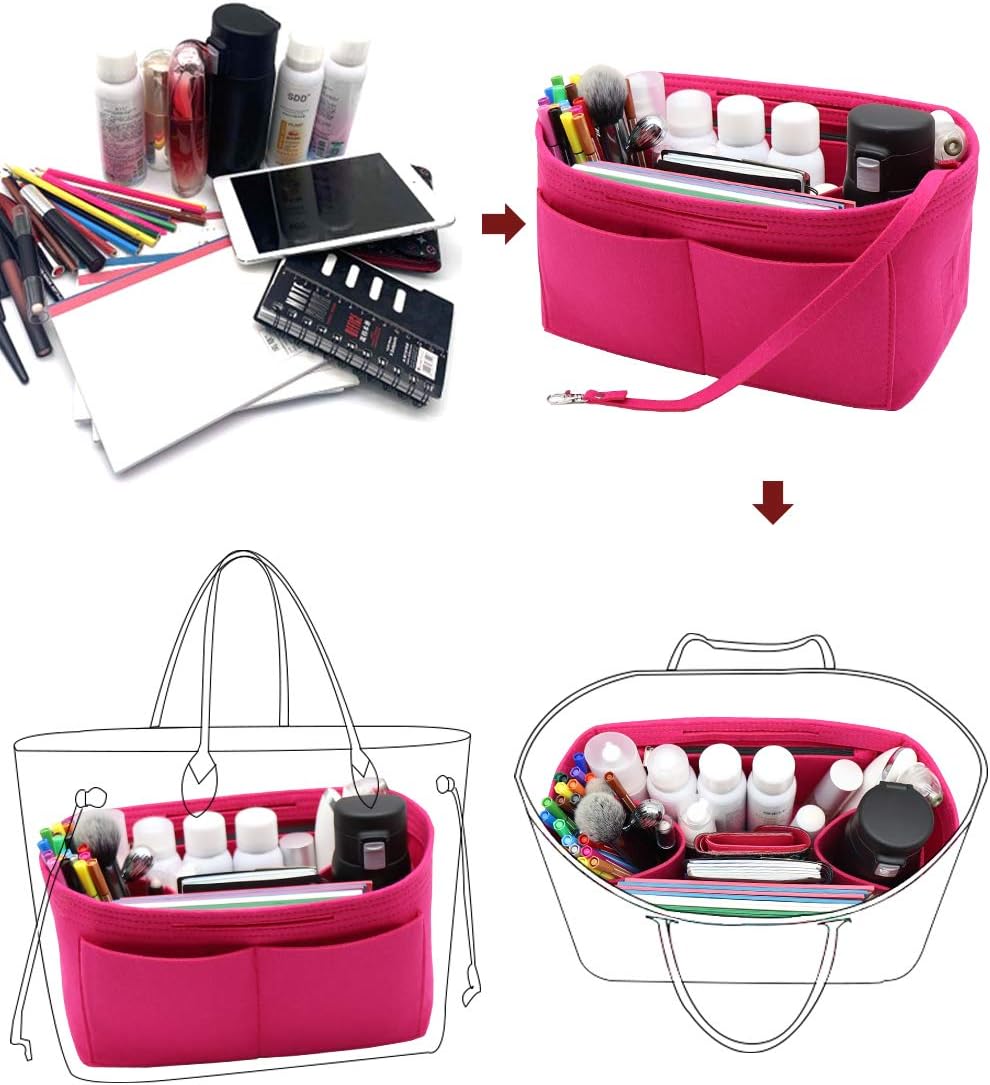 Felt Purse Organizer Insert Zipper Pocket with Two Removeable Bottle Holder