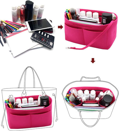 Felt Purse Organizer Insert Zipper Pocket with Two Removeable Bottle Holder
