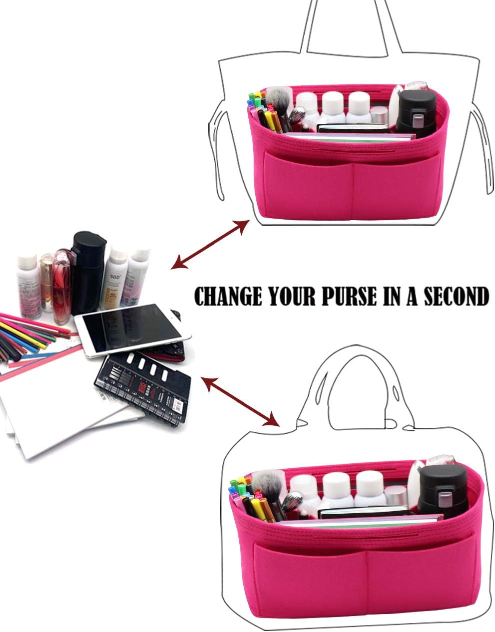Felt Purse Organizer Insert Zipper Pocket with Two Removeable Bottle Holder