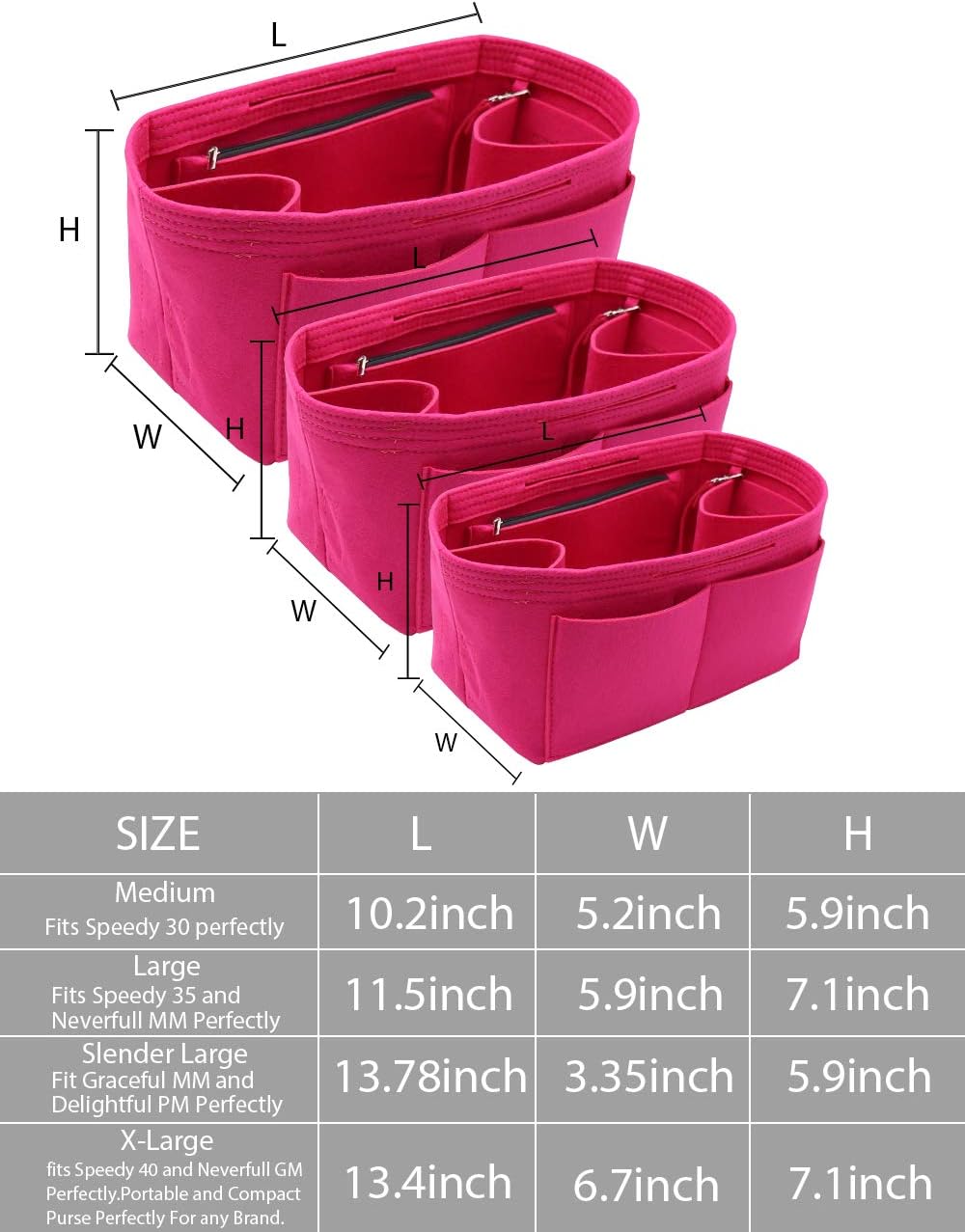 Felt Purse Organizer Insert Zipper Pocket with Two Removeable Bottle Holder