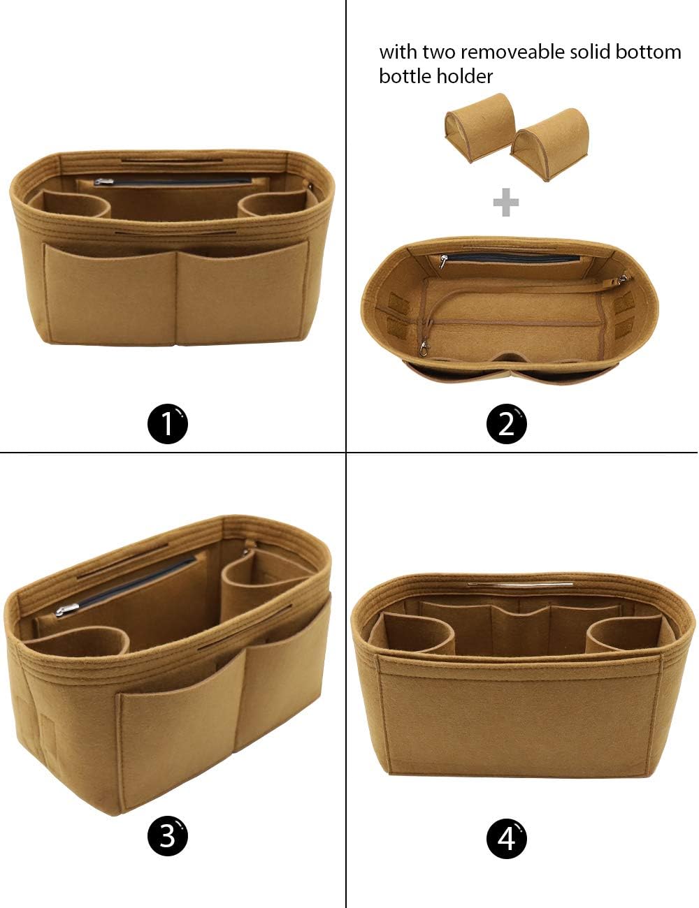Felt Purse Organizer Insert Zipper Pocket with Two Removeable Bottle Holder