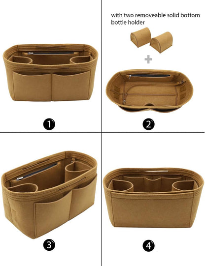 Felt Purse Organizer Insert Zipper Pocket with Two Removeable Bottle Holder