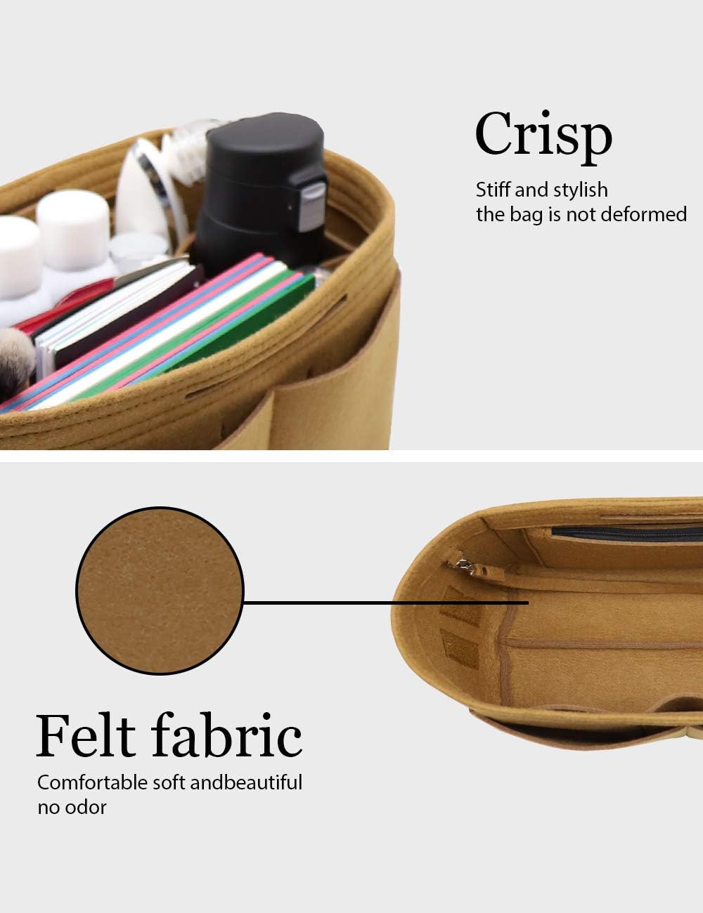 Felt Purse Organizer Insert Zipper Pocket with Two Removeable Bottle Holder