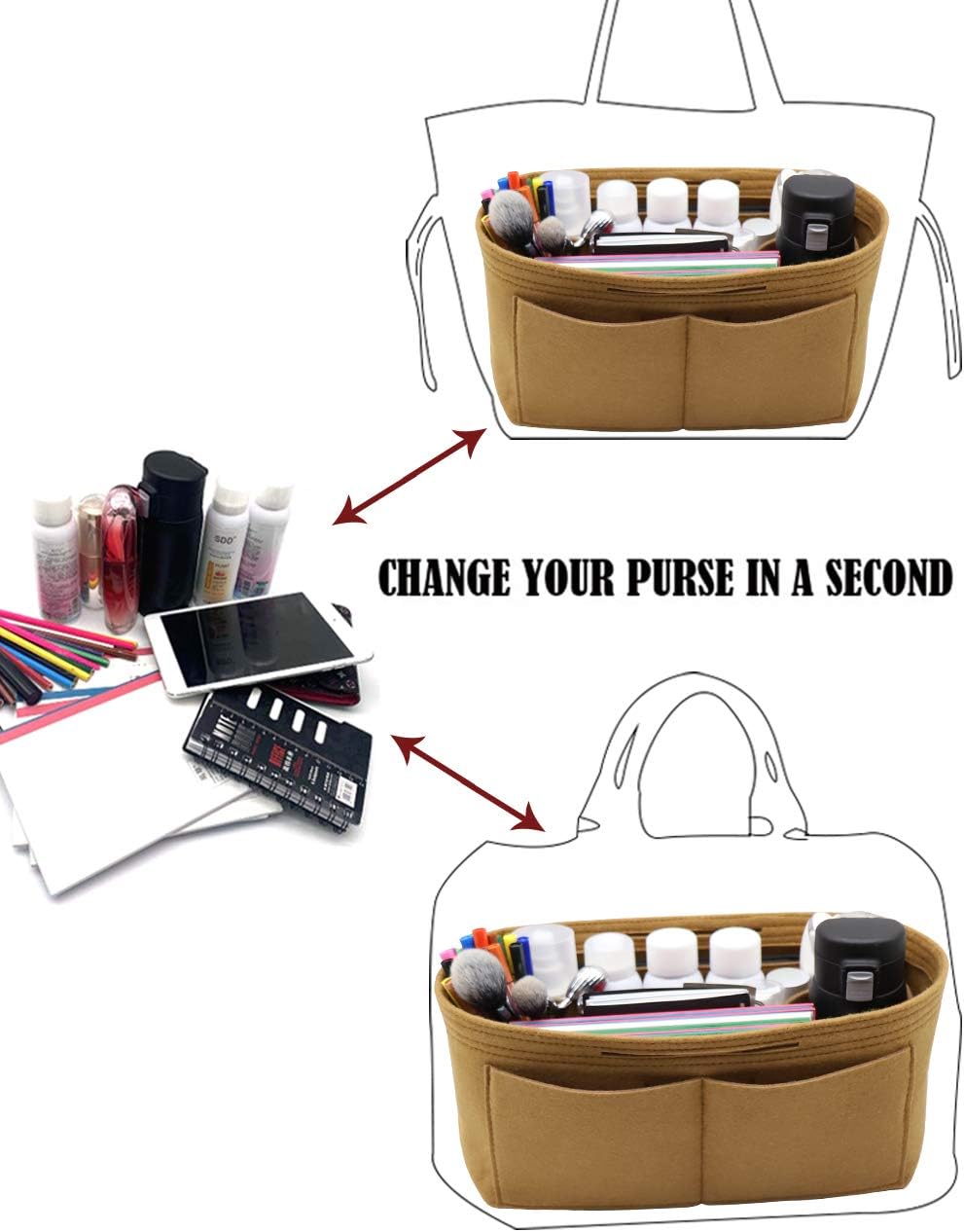 Felt Purse Organizer Insert Zipper Pocket with Two Removeable Bottle Holder