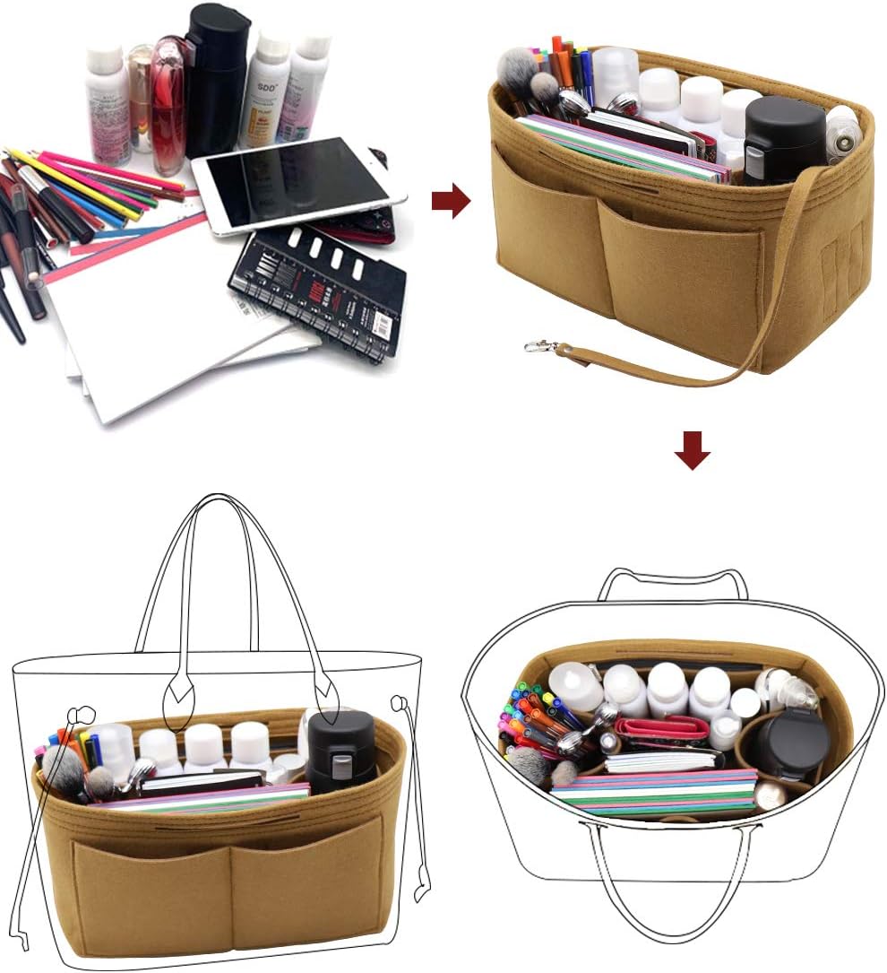 Felt Purse Organizer Insert Zipper Pocket with Two Removeable Bottle Holder