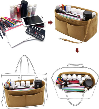 Felt Purse Organizer Insert Zipper Pocket with Two Removeable Bottle Holder