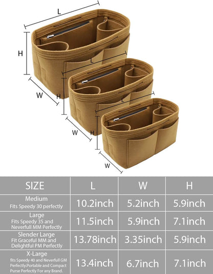 Felt Purse Organizer Insert Zipper Pocket with Two Removeable Bottle Holder