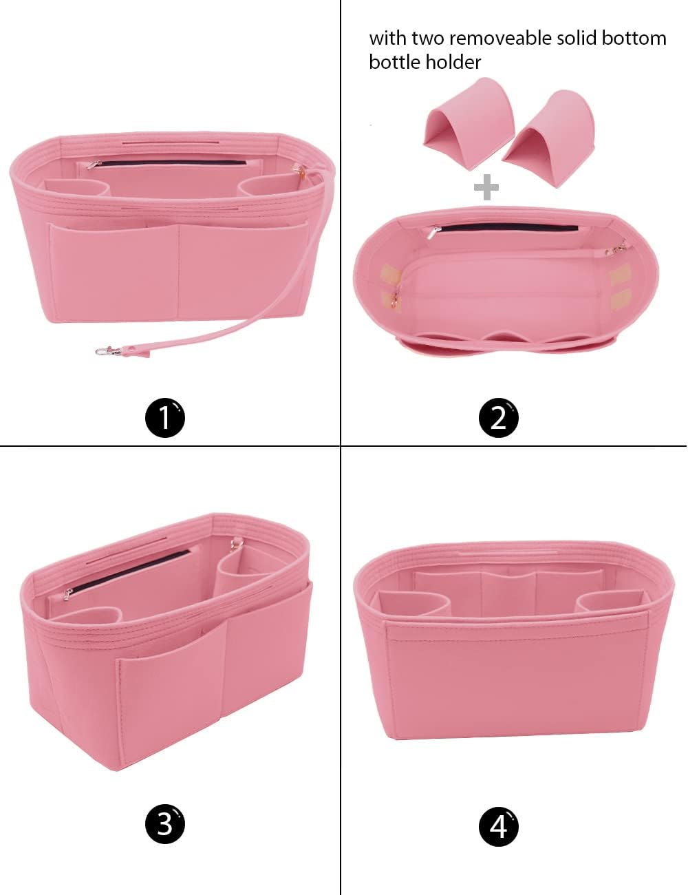 Felt Purse Organizer Insert Zipper Pocket with Two Removeable Bottle Holder
