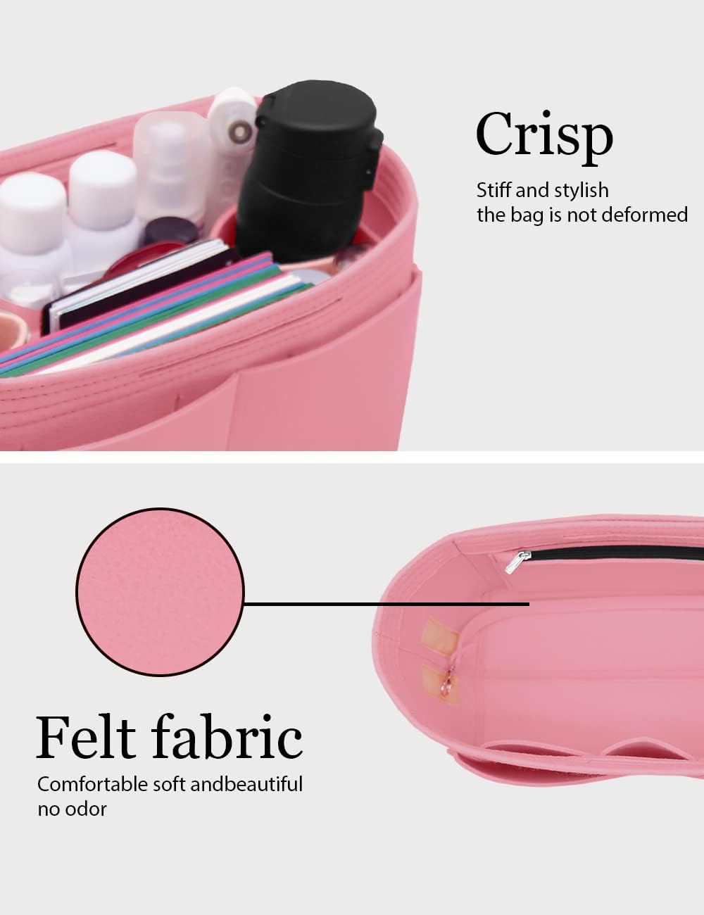 Felt Purse Organizer Insert Zipper Pocket with Two Removeable Bottle Holder
