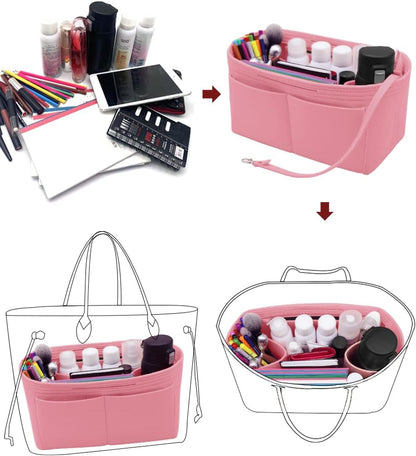 Felt Purse Organizer Insert Zipper Pocket with Two Removeable Bottle Holder