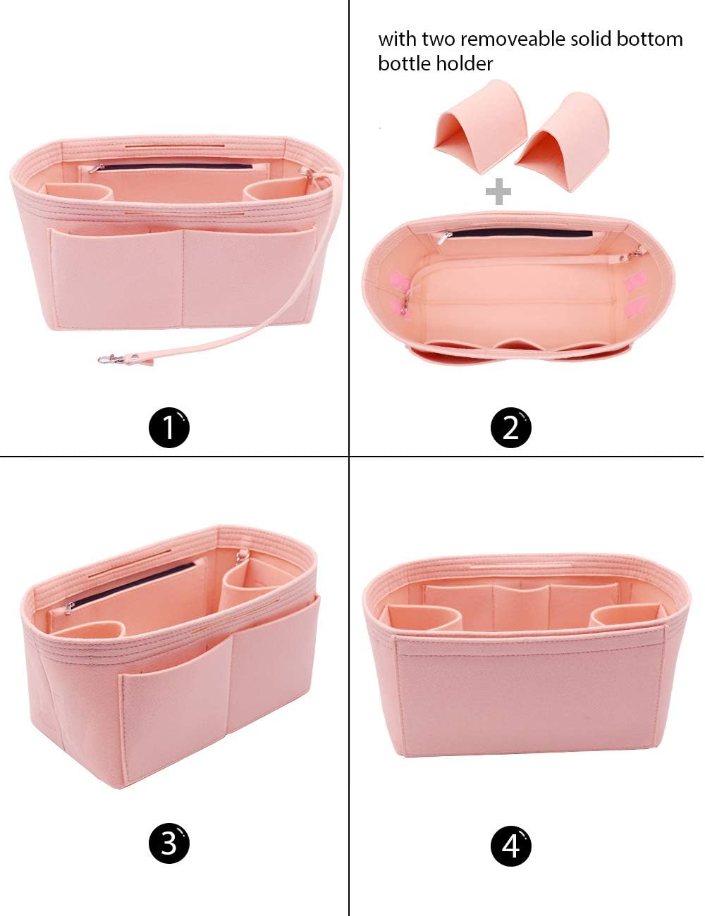 Felt Purse Organizer Insert Zipper Pocket with Two Removeable Bottle Holder