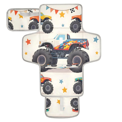 Cartoon Monster Trucks Portable Diaper Changing Pad, Waterproof Baby Changing Mat with Storage Pocket & Built-in Pillow, Foldable Travel Pad, Newborn Gift Set for Boy Girl