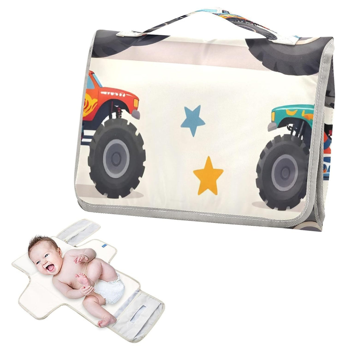 Cartoon Monster Trucks Portable Diaper Changing Pad, Waterproof Baby Changing Mat with Storage Pocket & Built-in Pillow, Foldable Travel Pad, Newborn Gift Set for Boy Girl
