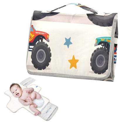 Cartoon Monster Trucks Portable Diaper Changing Pad, Waterproof Baby Changing Mat with Storage Pocket & Built-in Pillow, Foldable Travel Pad, Newborn Gift Set for Boy Girl