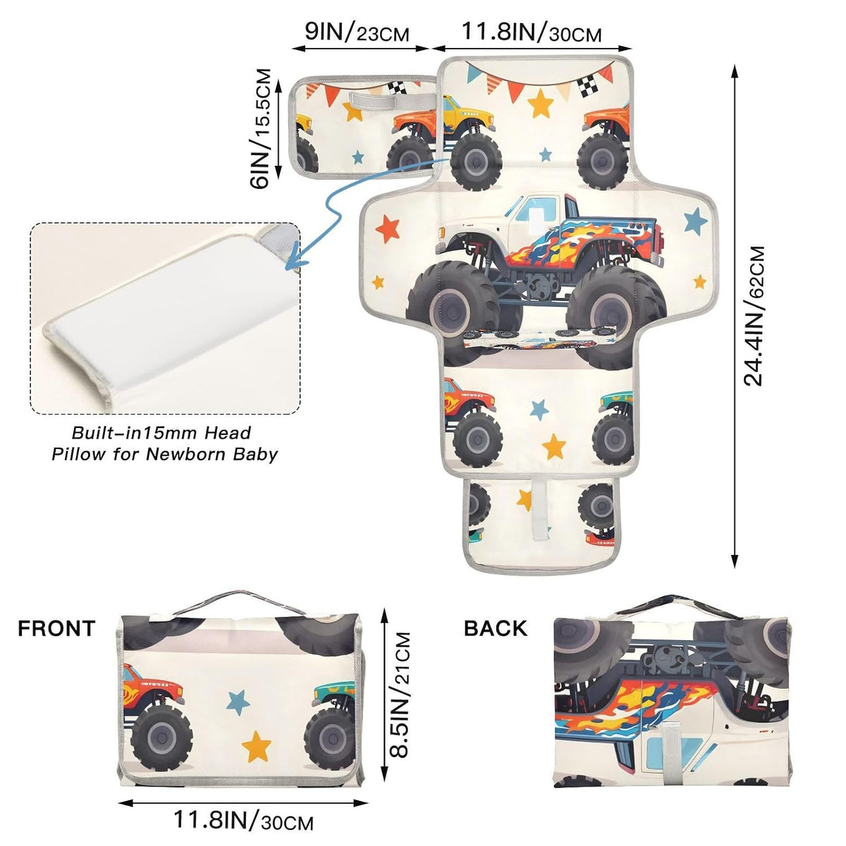 Cartoon Monster Trucks Portable Diaper Changing Pad, Waterproof Baby Changing Mat with Storage Pocket & Built-in Pillow, Foldable Travel Pad, Newborn Gift Set for Boy Girl