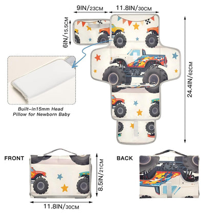 Cartoon Monster Trucks Portable Diaper Changing Pad, Waterproof Baby Changing Mat with Storage Pocket & Built-in Pillow, Foldable Travel Pad, Newborn Gift Set for Boy Girl