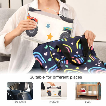 Cartoon Monster Trucks Portable Diaper Changing Pad, Waterproof Baby Changing Mat with Storage Pocket & Built-in Pillow, Foldable Travel Pad, Newborn Gift Set for Boy Girl